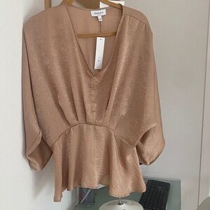 Gilli Shimmery Taupe Satin V-Neck Peplum Blouse